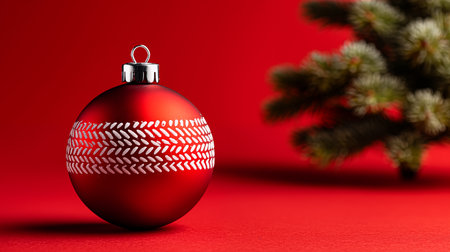Christmas bauble and fir tree on red background. 3D illustration.の素材