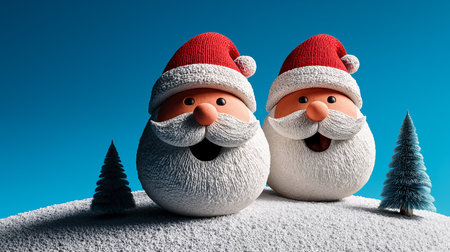 Santa Claus and Snowman on blue background. 3d rendering.の素材