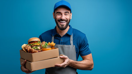 smiling delivery man holding cardboard box with hamburger and french fries isolated on blueの素材