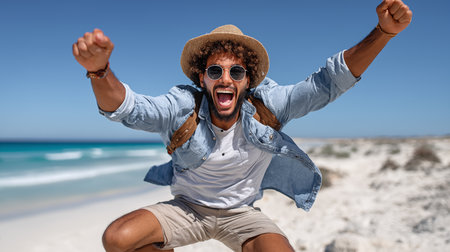 Portrait of happy african american man jumping on the beachの素材