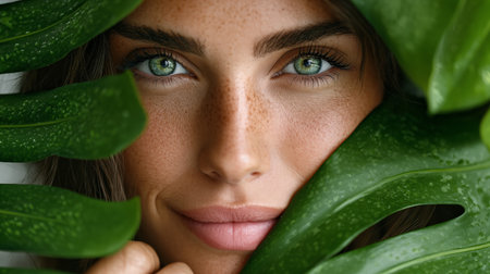 Close-up portrait of beautiful young woman with green eyes and perfect skin.の素材