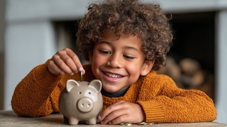 cheerful african american boy putting coin into piggy bank at homeの素材