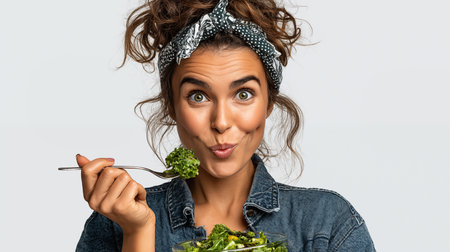 Portrait of a beautiful young woman eating fresh salad on gray backgroundの素材