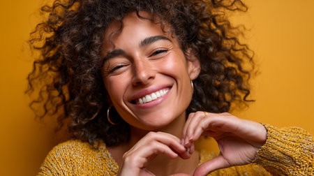 Close up portrait of a beautiful young african american woman smiling and showing heart sign isolated over yellow backgroundの素材