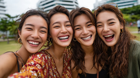 Group of happy asian women taking selfie together at the park.の素材