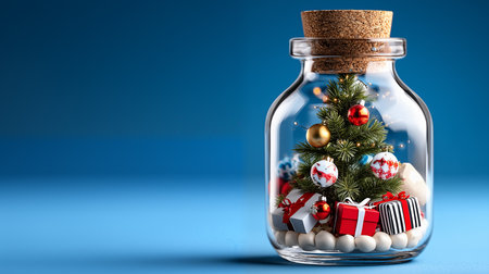 Christmas decoration in glass jar on blue background. 3d illustration.の素材