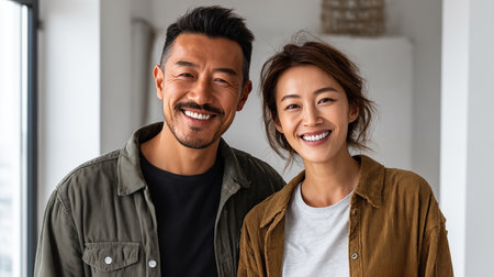portrait of happy asian couple smiling at camera in living roomの素材