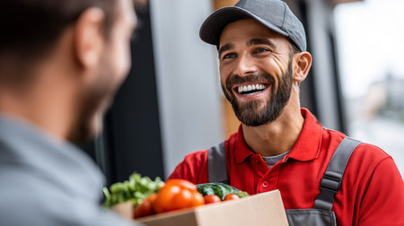selective focus of smiling delivery man in uniform delivering food to customerの素材