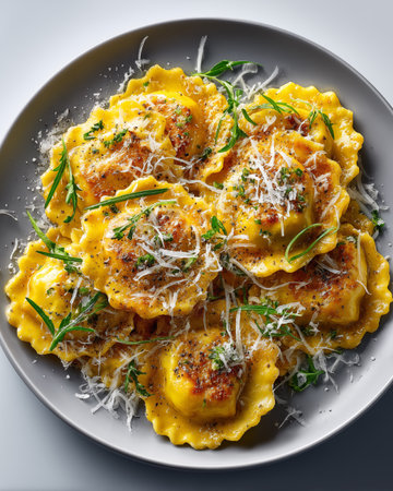 Italian ravioli with parmesan cheese and herbs on a plateの素材