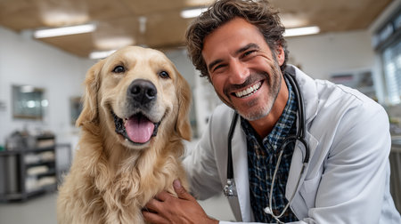 Portrait of a smiling veterinarian with his dog in a veterinary clinicの素材