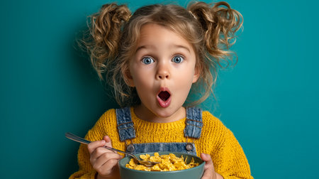 Cute little girl eating cornflakes on color background, closeupの素材