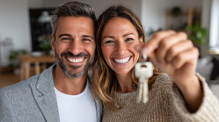 Portrait of happy couple holding keys in new house. Cheerful man and woman looking at camera and smiling. Real estate conceptの素材