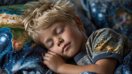Little blond boy sleeping in bed with world map in the background.の素材
