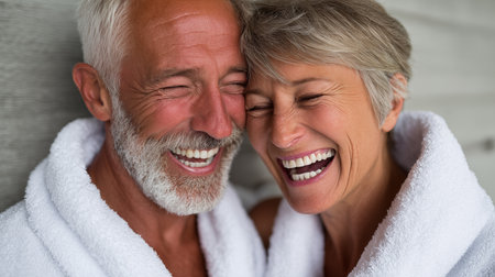 Portrait of happy senior couple in bathrobes smiling at camera at homeの素材