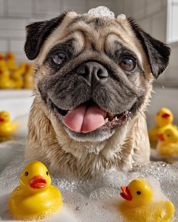 funny pug dog taking a bath with yellow rubber ducklingsの素材