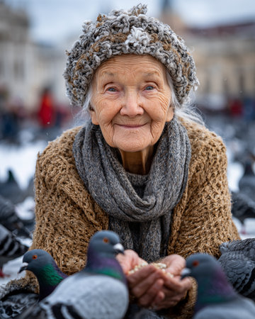 Portrait of an elderly woman with pigeons on the square in winterの素材