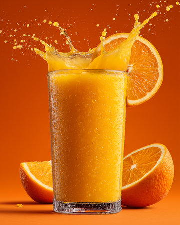 Fresh orange juice splashing out of a glass on orange background.の素材