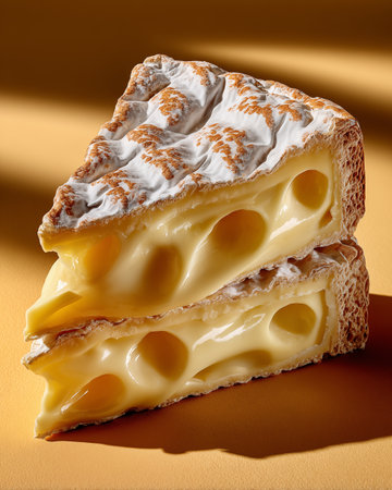Piece of cheese on a yellow background, close-up.の素材