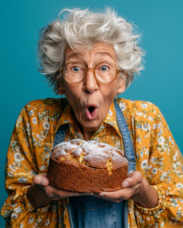 Surprised senior woman holding cake and looking at camera isolated on blueの素材