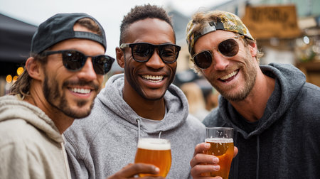 Portrait of smiling friends with beer glasses at street food festival.の素材