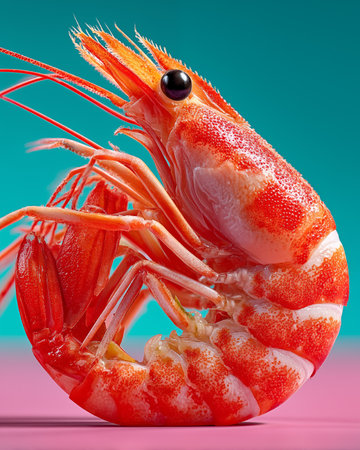 Shrimp on a blue background with a place for your text.の素材