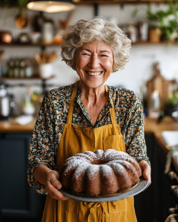 Delicious cake. Cheerful senior woman holding a cake and smiling while standing in the kitchenの素材