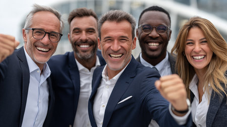 Portrait of happy business team celebrating success. Group of multiethnic business people standing together and looking at camera. successful conceptの素材