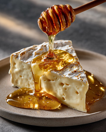 Camembert cheese with honey and honey dipper on a plateの素材