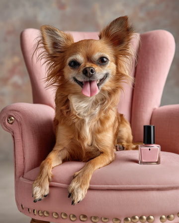 Cute chihuahua dog with bottle of nail polish on chairの素材