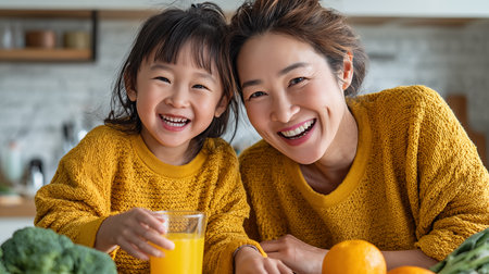 happy asian mother and daughter with orange juice in kitchen at homeの素材