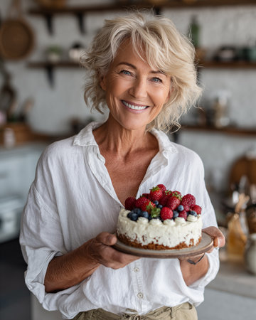 Cheerful mature woman holding cake with berries and looking at cameraの素材