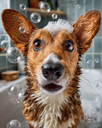 Cute dog taking a bath with soap bubbles in the bathroom.の素材