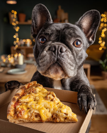 french bulldog dog with pizza in a box at christmasの素材