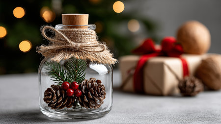 Christmas decoration in glass jar with fir tree branch and gift box on tableの素材