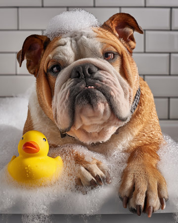 english bulldog with yellow rubber duck in bathtub, on brick wall backgroundの素材