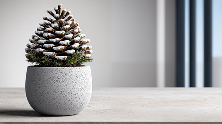 Christmas tree with snow in pot on table. 3d rendering.の素材