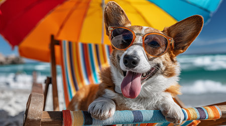 Funny red welsh corgi dog in sunglasses with colorful umbrella on the beachの素材