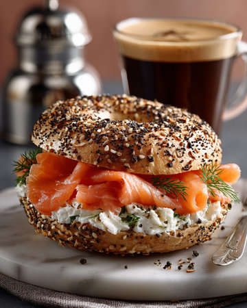 Bagel with cream cheese, smoked salmon, dill and coffeeの素材