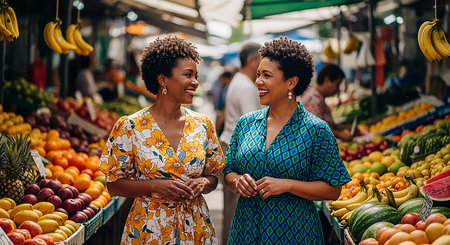 Portrait of two african american women choosing fruits at market.の素材