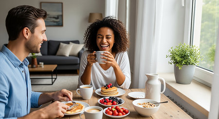 Happy young couple having breakfast together at home. Cheerful african american woman drinking coffee and smiling.の素材