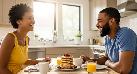 Happy African American couple having breakfast in the kitchen at home, copy spaceの素材
