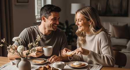 smiling young couple having breakfast at table in cafe and looking at each otherの素材