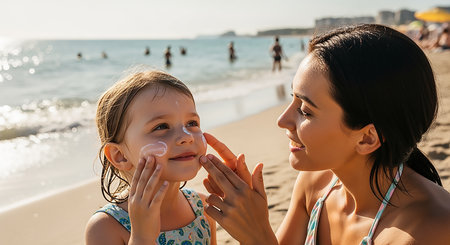 happy mother applying sunscreen lotion on face of daughter at seasideの素材