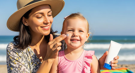 happy mother and daughter applying sun protection cream on face at seasideの素材