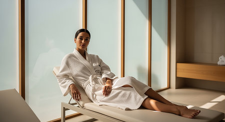 attractive young woman in bathrobe sitting on massage table in spa salonの素材