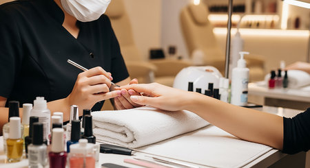 Manicurist applying nail polish to female client in beauty salonの素材