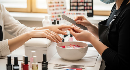 Professional manicurist doing manicure in beauty salon, closeupの素材