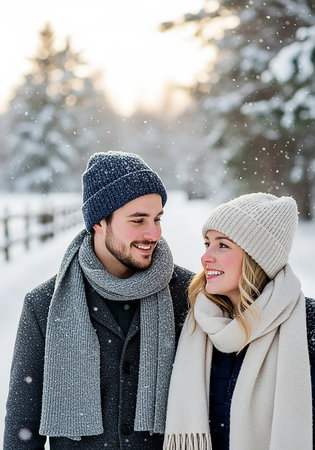 Happy young couple in love on a winter walk in the park.の素材