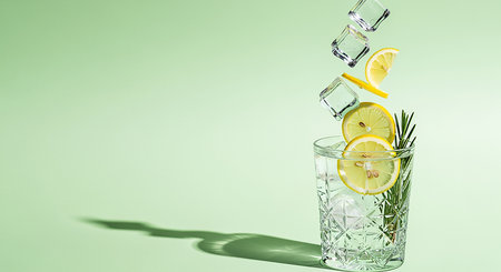 Lemonade with lemon and rosemary in glass on green backgroundの素材