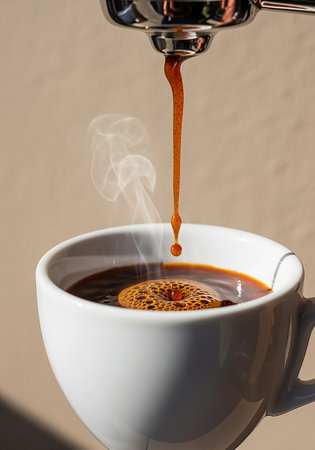 Pouring coffee into a white cup on a beige background.の素材